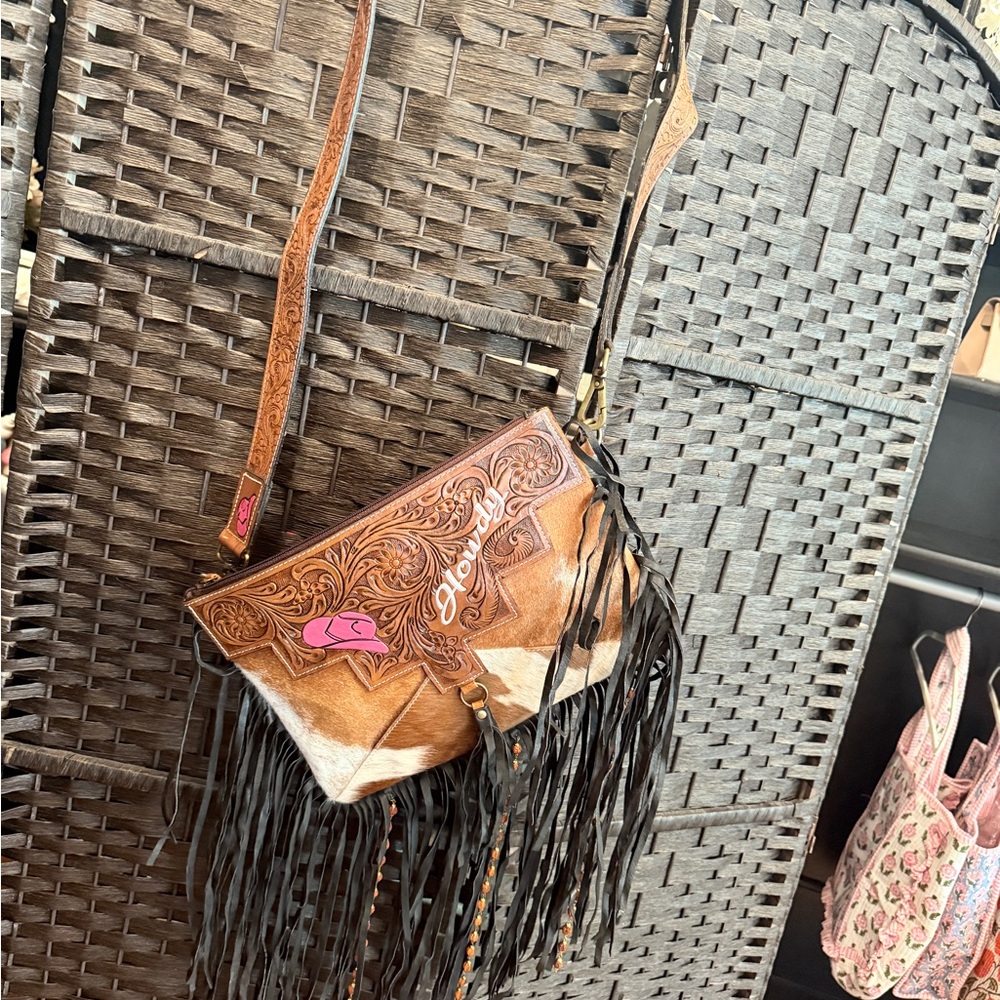 Tooled Leather crossbody with cowhide & pink accent new